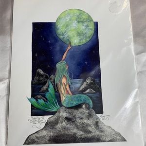 Mermaid touching the moon art.  Signed by artist - Amy 1999.
